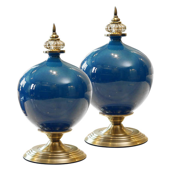 NNEAGS 2X 38cm Ceramic Oval Flower Vase with Gold Metal Base Dark Blue