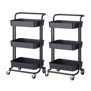 NNEAGS 2X 3 Tier Steel Black Movable Kitchen Cart Multi-Functional Shelves Portable Storage Organizer with Wheels
