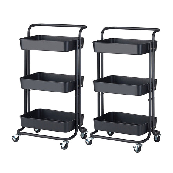 NNEAGS 2X 3 Tier Steel Black Movable Kitchen Cart Multi-Functional Shelves Portable Storage Organizer with Wheels