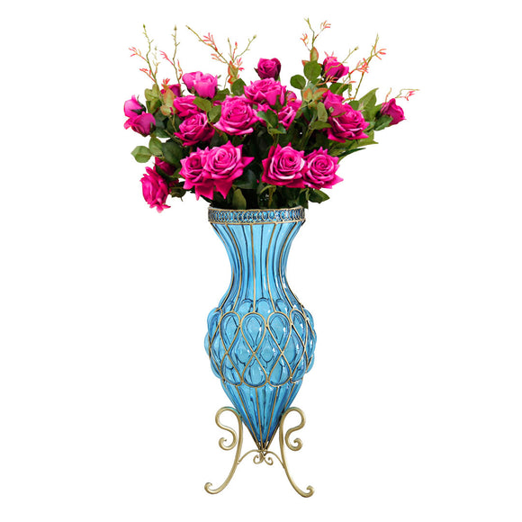 NNEAGS 67cm Blue Glass Tall Floor Vase and 12pcs Dark Pink Artificial Fake Flower Set