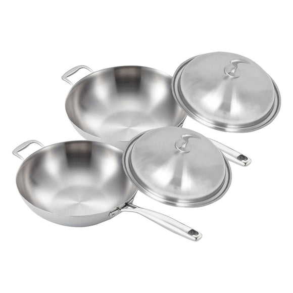 NNEAGS 2X 18/10 Stainless Steel Fry Pan 34cm Frying Pan Top Grade Skillet with Helper Handle and Lid