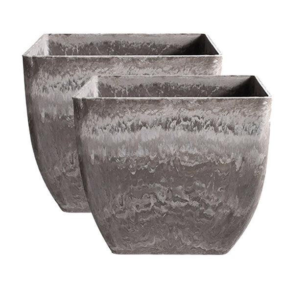 NNEAGS 2X 32cm Rock Grey Square Resin Plant Flower Pot in Cement Pattern Planter Cachepot for Indoor Home Office