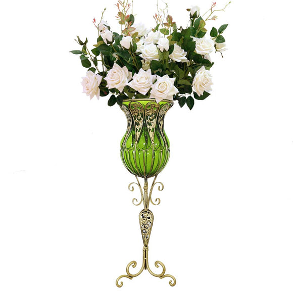 NNEAGS 85cm Green Glass Tall Floor Vase and 12pcs White Artificial Fake Flower Set
