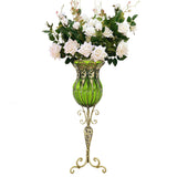 NNEAGS 85cm Green Glass Tall Floor Vase and 12pcs White Artificial Fake Flower Set