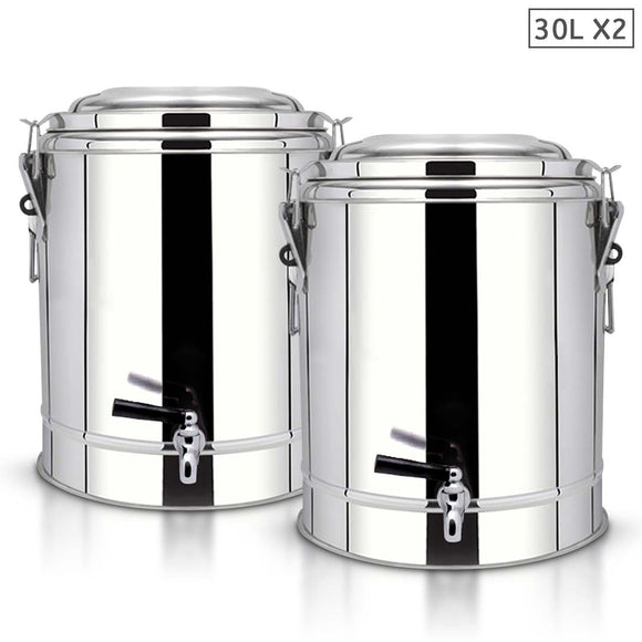 NNEAGS 2X 30L Stainless Steel Insulated Stock Pot Dispenser Hot & Cold Beverage Container With Tap