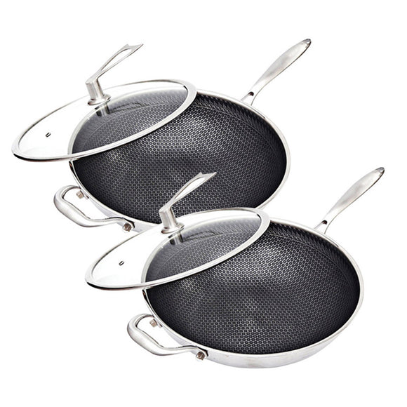 NNEAGS 2X 34cm Stainless Steel Tri-Ply Frying Cooking Fry Pan Textured Non Stick Skillet with Glass Lid and Helper Handle
