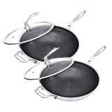 NNEAGS 2X 34cm Stainless Steel Tri-Ply Frying Cooking Fry Pan Textured Non Stick Skillet with Glass Lid and Helper Handle