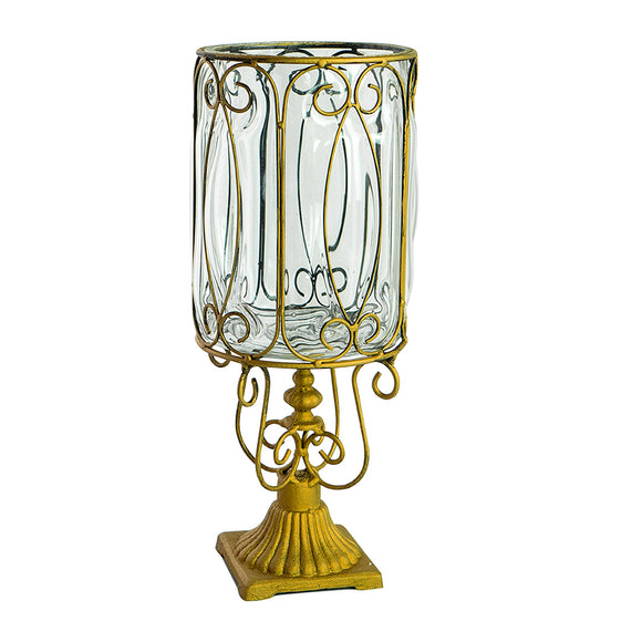 NNEAGS European Clear Glass Cylinder Flower Vase Solid Base with Gold Metal Pattern