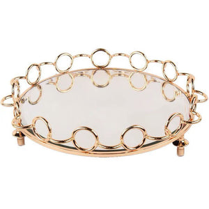 NNEAGS 33cm Bronze-Colored Round Mirror Glass Metal Tray Vanity Makeup Perfume Jewelry Organiser with Handles