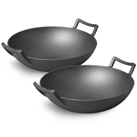 NNEAGS 2X 32cm Cast Iron Wok FryPan Fry Pan with Double Handle