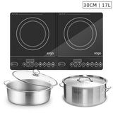 NNEAGS Dual Burners Cooktop Stove, 17L Stainless Steel Stockpot 28cm and 30cm Induction Casserole