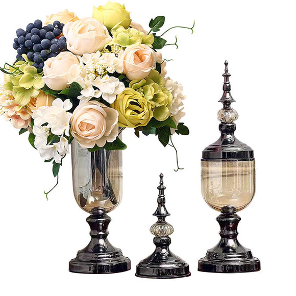 NNEAGS 2X Clear Glass Flower Vase with Lid and White Flower Filler Vase Black Set