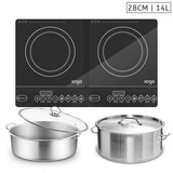 NNEAGS Dual Burners Cooktop Stove, 14L Stainless Steel Stockpot and 28cm Induction Casserole