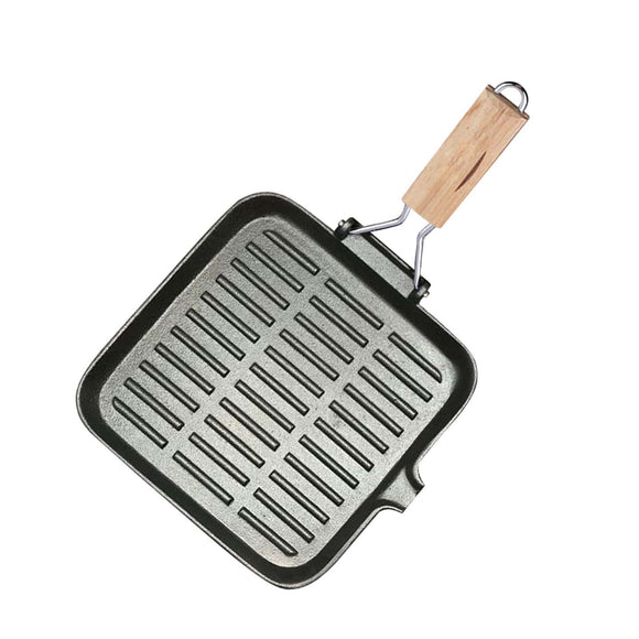 NNEAGS 28cm Ribbed Cast Iron Square Steak Frying Grill Skillet Pan with Folding Wooden Handle