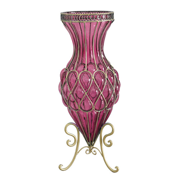 NNEAGS 67cm Purple Glass Tall Floor Vase with Metal Flower Stand
