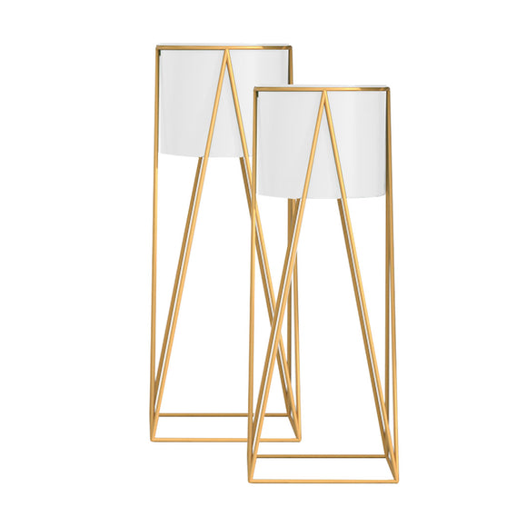 NNEAGS 2X 50cm Gold Metal Plant Stand with White Flower Pot Holder Corner Shelving Rack Indoor Display