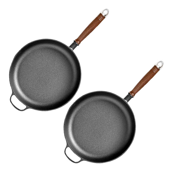 NNEAGS 2X 29cm Round Cast Iron Frying Pan Skillet Steak Sizzle Platter with Helper Handle