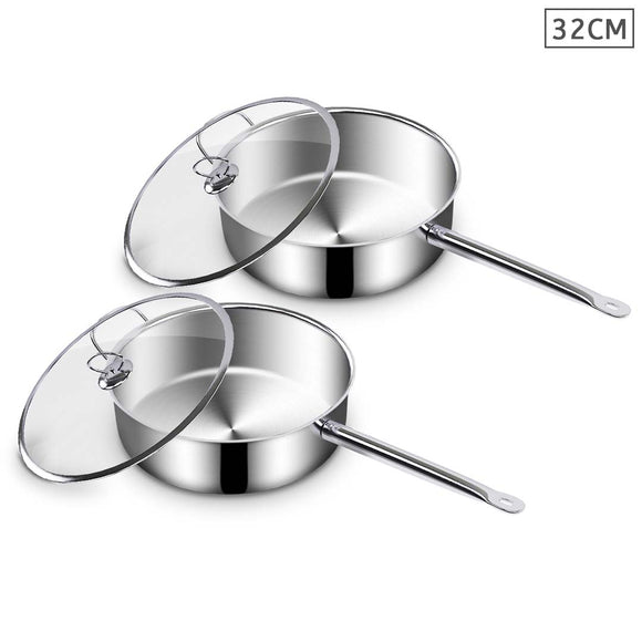 NNEAGS 2X 32cm Stainless Steel Saucepan Sauce pan with Glass Lid and Helper Handle Triple Ply Base Cookware