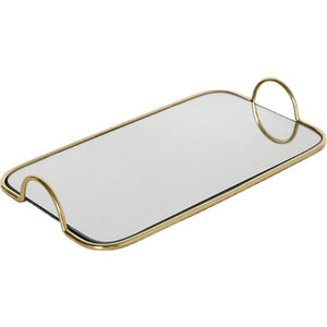 NNEAGS 40.5cm Gold Flat-Lay Mirror Glass Metal Tray Vanity Makeup Perfume Jewelry Organiser with Handles