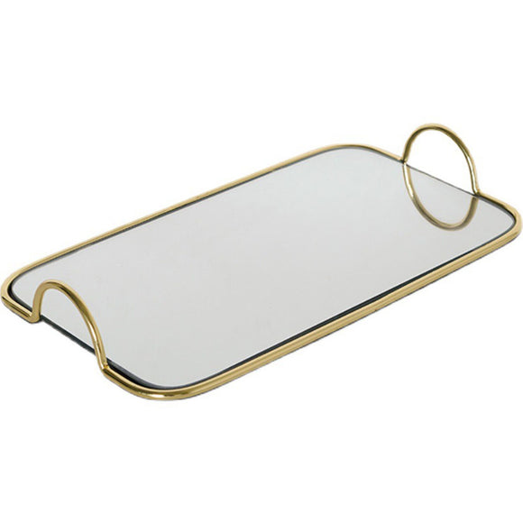 NNEAGS 40.5cm Gold Flat-Lay Mirror Glass Metal Tray Vanity Makeup Perfume Jewelry Organiser with Handles