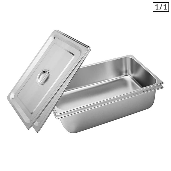 NNEAGS 2X GN Pan Full Size 1/1 GN Pan 15cm Deep Stainless Steel Tray With Lid