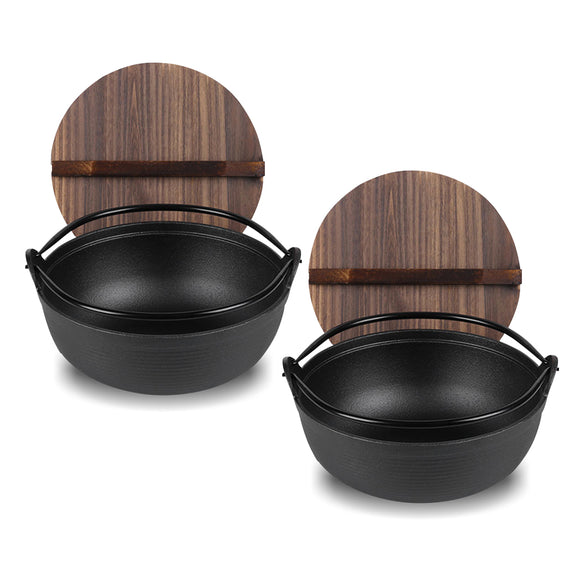 NNEAGS 2X 29cm Cast Iron Japanese Style Sukiyaki Tetsu Nabe Shabu Hot Pot with Wooden Lid