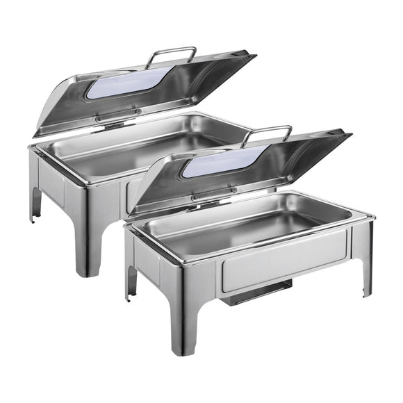 NNEAGS 2X 9L Rectangular Stainless Steel Soup Warmer Roll Top Chafer Chafing Dish Set with Glass Visual Window Lid