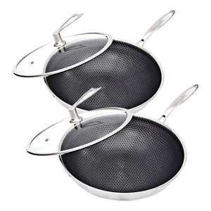 NNEAGS 2X 32cm Stainless Steel Tri-Ply Frying Cooking Fry Pan Textured Non Stick Interior Skillet with Glass Lid