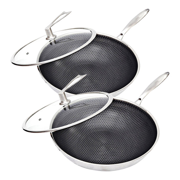NNEAGS 2X 32cm Stainless Steel Tri-Ply Frying Cooking Fry Pan Textured Non Stick Interior Skillet with Glass Lid