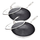 NNEAGS 2X 32cm Stainless Steel Tri-Ply Frying Cooking Fry Pan Textured Non Stick Interior Skillet with Glass Lid