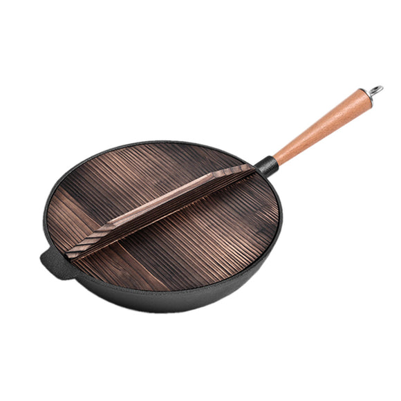 NNEAGS 31cm Cast Iron Wok FryPan Fry Pan with Wooden Lid