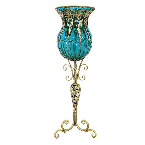 NNEAGS 85cm Blue Glass Floor Vase with Tall Metal Flower Stand
