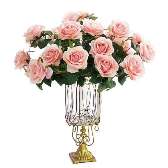 NNEAGS Clear Glass Cylinder Flower Vase with 4 Bunch 9 Heads Artificial Fake Silk Rose Home Decor Set