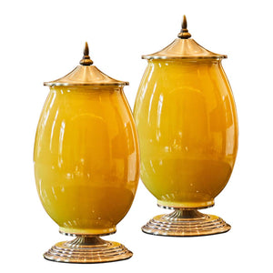 NNEAGS 2X 40cm Ceramic Oval Flower Vase with Gold Metal Base Yellow