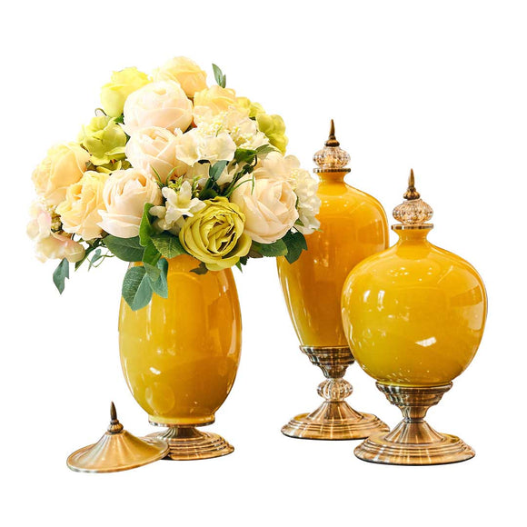 NNEAGS 3X Ceramic Oval Flower Vase with White Flower Set Yellow