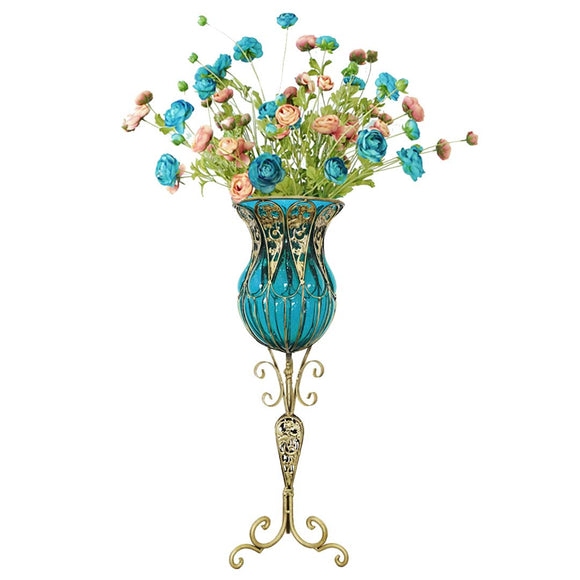 NNEAGS 85cm Blue Glass Tall Floor Vase and 12pcs Blue Artificial Fake Flower Set