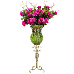 NNEAGS 85cm Green Glass Tall Floor Vase and 12pcs Dark Pink Artificial Fake Flower Set