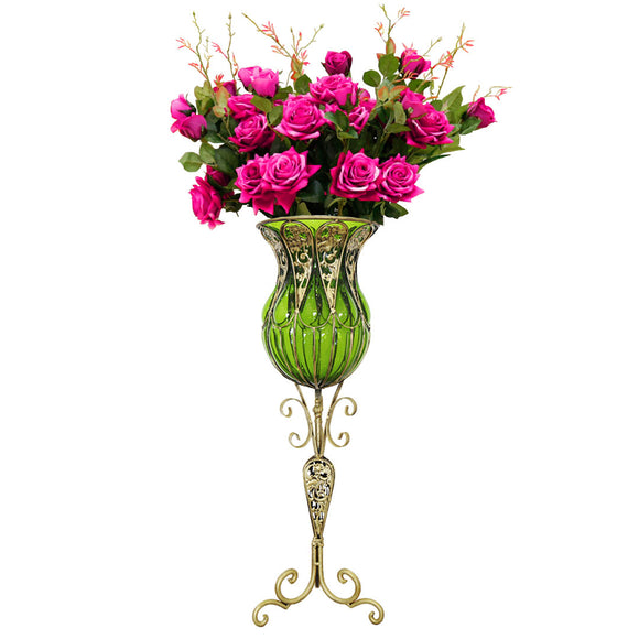 NNEAGS 85cm Green Glass Tall Floor Vase and 12pcs Dark Pink Artificial Fake Flower Set