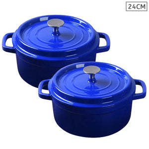 NNEAGS 2X Cast Iron 24cm Enamel Porcelain Stewpot Casserole Stew Cooking Pot With Lid Blue