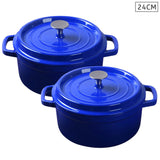NNEAGS 2X Cast Iron 24cm Enamel Porcelain Stewpot Casserole Stew Cooking Pot With Lid Blue