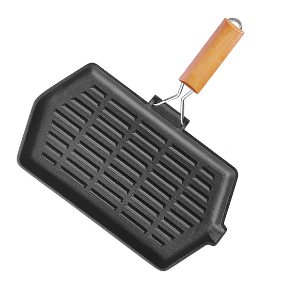 NNEAGS Rectangular Cast Iron Griddle Grill Frying Pan with Folding Wooden Handle
