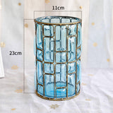 NNEAGS Blue Glass Cylinder Flower Vase with 8 Bunch 5 Heads Artificial Fake Silk Rose Home Decor Set