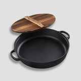 NNEAGS 2X 29cm Round Cast Iron Pre-seasoned Deep Baking Pizza Frying Pan Skillet with Wooden Lid