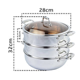 NNEAGS 3 Tier 28cm Heavy Duty Stainless Steel Food Steamer Vegetable Pot Stackable Pan Insert with Glass Lid