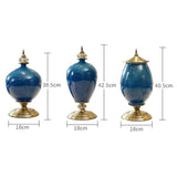 NNEAGS 2X 42cm Ceramic Oval Flower Vase with Gold Metal Base Dark Blue