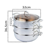 NNEAGS 3 Tier 32cm Heavy Duty Stainless Steel Food Steamer Vegetable Pot Stackable Pan Insert with Glass Lid