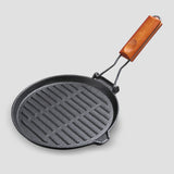 NNEAGS 2X 24cm Round Ribbed Cast Iron Steak Frying Grill Skillet Pan with Folding Wooden Handle