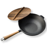NNEAGS 31cm Cast Iron Wok FryPan Fry Pan with Wooden Lid