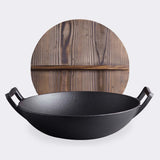 NNEAGS 2X 36CM Cast Iron Wok FryPan with Wooden Lid Fry Pan