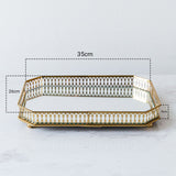 NNEAGS 35cm Gold Rectangle Ornate Mirror Glass Metal Tray Vanity Makeup Perfume Jewelry Organiser with Handles